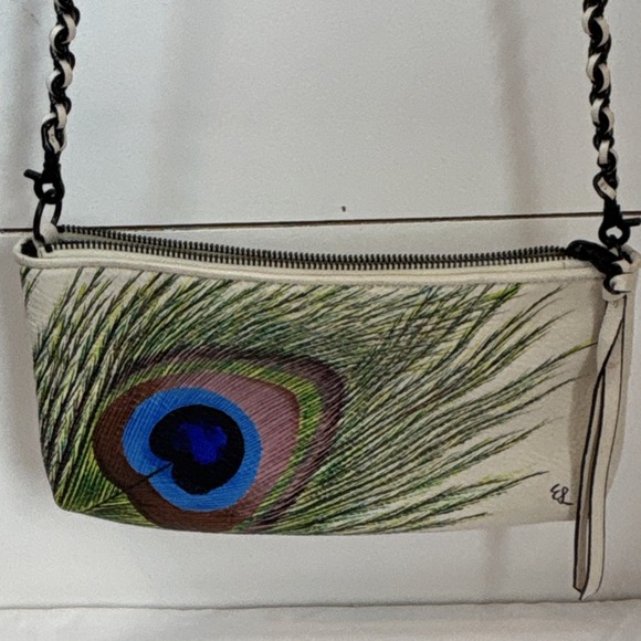 Elliott Lucca Handbags - Elliott Lucca Ivory Shoulder Bag with‎ Peacock Feather hand painted.